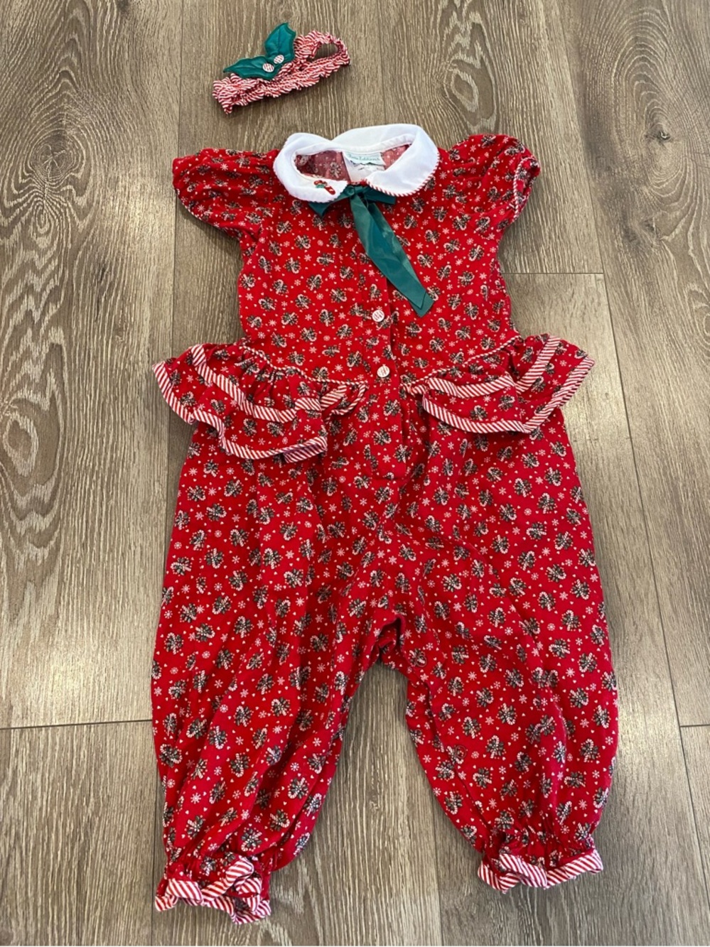 Vintage Rare Editions Candy Cane Ruffled Romper with Headband